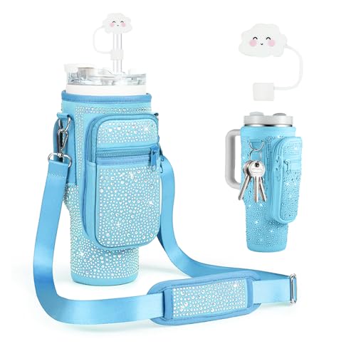 Infreecs Bling Wasserflaschen-Tragetasche für Stanley Becher, 40 OZ Wasserflasche Carrier Bag mit Strohhülle, Handytasche und Verstellbar Schultergurt mit Griff für Stanley Cup Zubehör (Blau) von Infreecs