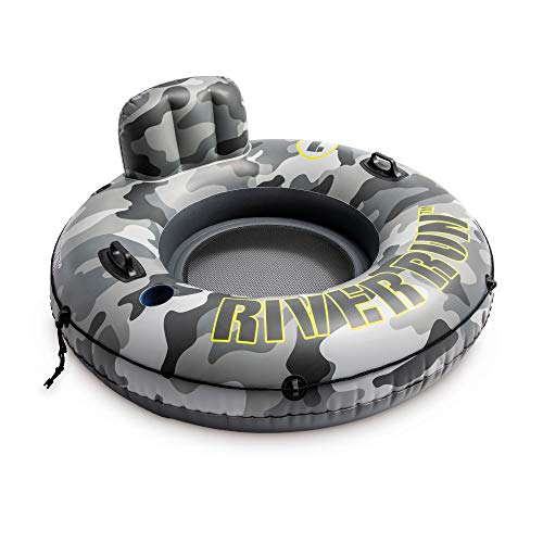 Intex 56835EP River Run I Camo Aufblasbares schwimmendes Abschlepp-Wasserschlauch-Floß mit Getränkehaltern und Griffen für Fluss, See oder Pools, Grau Camo von Intex