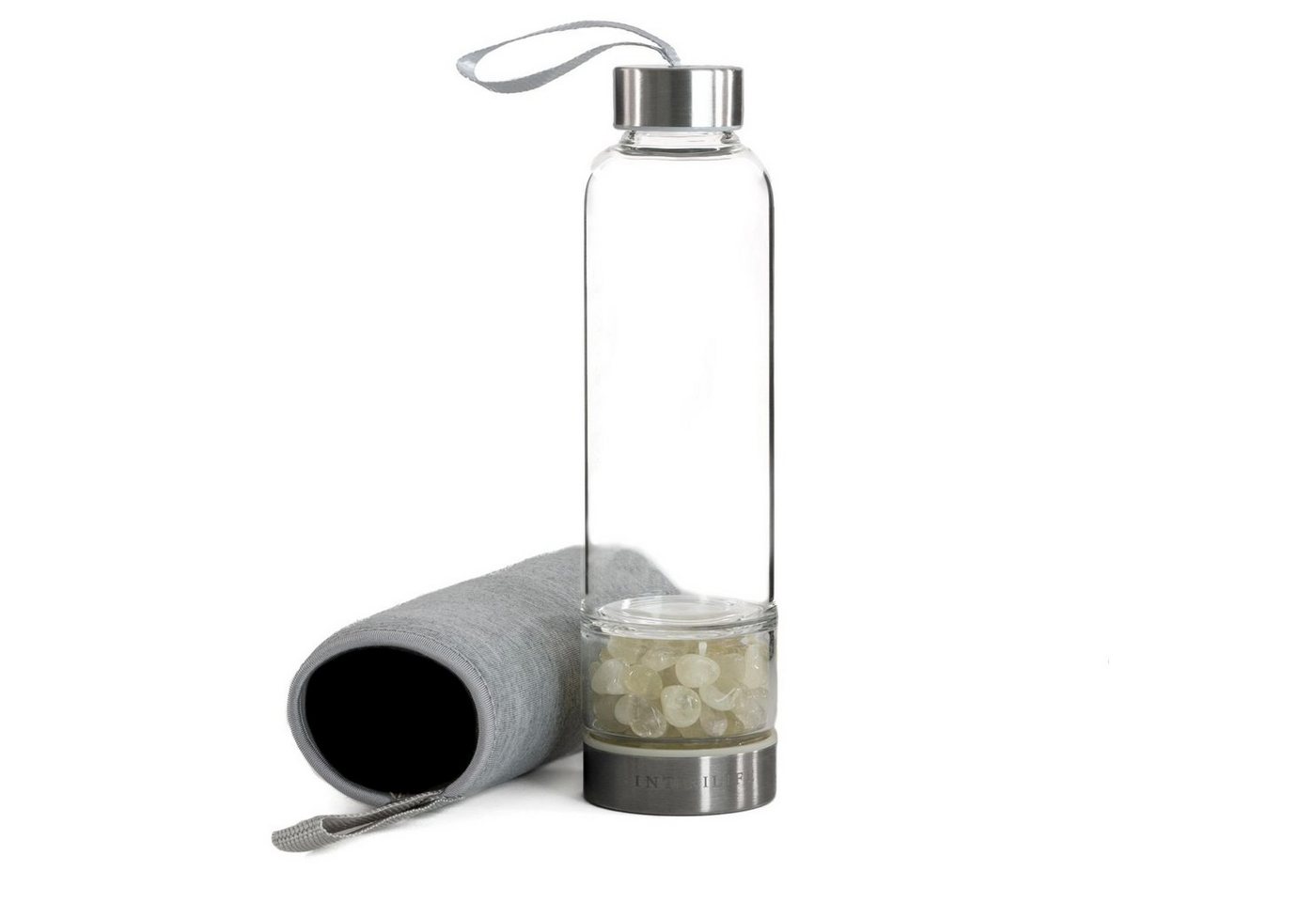 Intirilife Trinkflasche, Trinkflasche Wasserflasche mit Heilsteinen mit grauer Tasche - Citrin von Intirilife