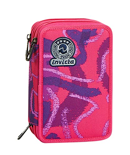 Invicta S.P.A. Etui mit 3 Fächern, Street Jungle, pink, komplett mit Bleistiften, Stiften, Markern, Fuchsia, Einheitsgröße von Invicta