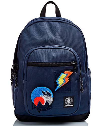 Invicta Rucksack aus nachhaltigem Stoff, Backpack mit Trinkflaschenfach, Laptopfach, Extra Platz - 38 LT - Unisex, für Schule, Sport und Freizeit, italienisches Design, blau, JELEK PATCH ME von Invicta