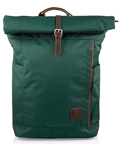 INVICTA Urban Lux: Rolltop Rucksack, praktisch & unisex, mit Laptopfach für Uni, Arbeit, Reise & Fahrrad; Daypack, grün - mit Lederdetails & italienisches Design von Invicta