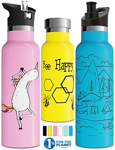 Double Walled Insulated Water Bottle with Drinking Straw Lid and Sports Closure | Children's Stainless Steel Metal Thermos | BPA Free, Environmentally Friendly, Leak Free (Yellow Bee Happy 500 ml) von Involve & Evolve