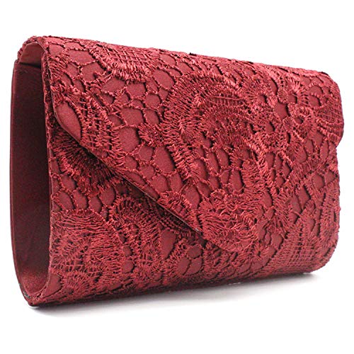 Damen-Clutch-Clutch, Spitze, florales Design, Satin-Spitze, elegante Handtaschen für Partys und Hochzeiten, weinrot (Rot) - N00174ZS von Inzopo