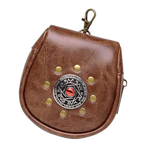 Itkcozcg Modische Handtasche, mittelalterliche geprägte PU-Leder-Gürteltasche, Retro-Münzgeldbörse für Halloween, Party, Kostüm, Zubehör, braun, Size reference picture von Itkcozcg