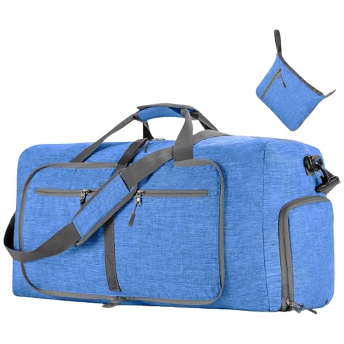 Itkcozcg Reisegepäck-Handtasche, faltbare Reisetasche für Damen, große Kapazität, praktische Nylon-Reise-Sporttasche mit Schultergurt, faltbare Handtasche, blau, 63*29*35cm von Itkcozcg