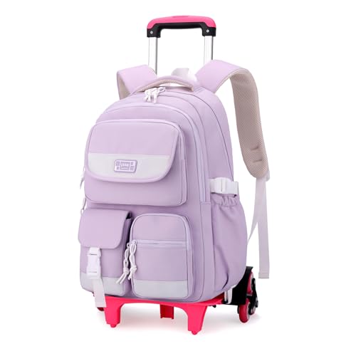 IvyH Schulrucksäcke Trolley für Teenager Rucksack mit Rollen, Schulranzen mit 6 Räder für Mädchen Jungen, Abnehmbar Trolley Schultaschen für Grund- und Sekundarschüler, 27L -Lila von IvyH