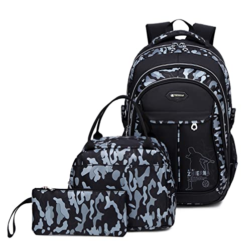 IvyH Schulrucksack Jungen Teenager, Kinderrucksack Camouflage Rucksäcke Jugendliche Jungen Mädchen 3-In-1 Schulranzen für Schule(Grau) von IvyH