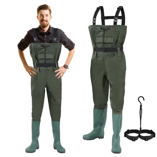 Izrielar Wathose Anglerhose, 70 Denier Nylon, PVC Herren Angelhose, wasserdichte Fischteichhose mit Gummistiefeln, Bund, Taschen und Haken, für Angeln, Bauernhöfe, Gärten von Izrielar