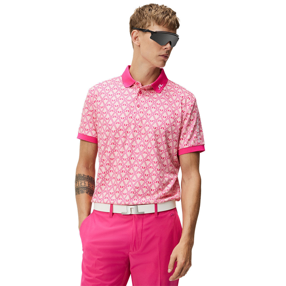 J.Lindeberg Men's Tour Tech Print Golf Polo Shirt, Mens, Geo powder pink, Large | American Golf von J Lindeberg