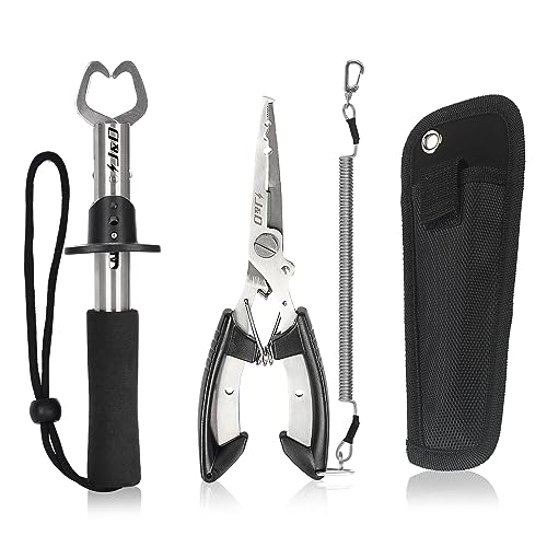 J&D Angelzange und Fischlippenzange Set, Multifunktionale Edelstahl Angelzange Zahnradhakenentferner mit Sicherheitsspule mit Scheide und Lanyard für Süßwasser Salzwasserfischen, Schwarz J&D Angelzange und Fischlippenzange Set, Multifunktionale Edelstahl Angelzange Zahnradhakenentferner mit Sicherheitsspule mit Scheide und Lanyard für Süßwasser Salzwasserfischen, Schwarz von J&D