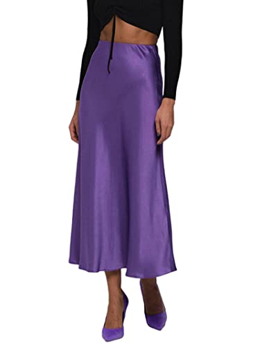 JACTZ Satinrock Casual Satin Seide Rock Frauen High Waisted Sommer Mode Lange Rock Neue Elegante Damen Büro Midi Röcke-Purple,S von JACTZ