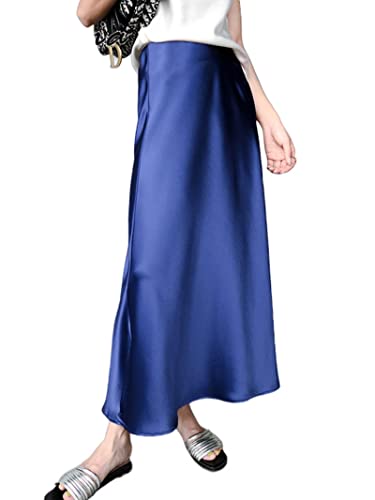 JACTZ Satinrock Frauen Elegante Seide Satin Midi Rock Qualität High Waisted Lange Röcke Für Frauen Wrap A Line Rock Maxi-Blue,M von JACTZ