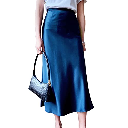 JACTZ Satinrock Frauen Satin Seidenrock Hohe Taille Büro Elegante Lange Basic Solid Midi A-Linie Sommer Röcke Für Frauen-Darkblue,L von JACTZ