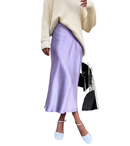 JACTZ Satinrock Frauen Seide Satin Rock Sommer Elegante Lange Röcke Hohe Taille A-Linie Schöne Gril Midi Rock-Purple,L JACTZ Satinrock Frauen Seide Satin Rock Sommer Elegante Lange Röcke Hohe Taille A-Linie Schöne Gril Midi Rock-Purple,L von JACTZ