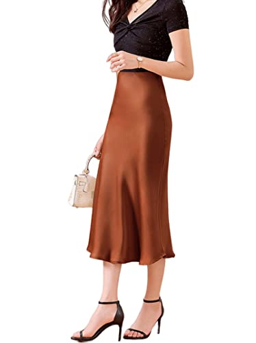 JACTZ Satinrock Seide Satin Röcke Für Frauen Sommer Hohe Taille A Linie Mittellanger Rock Klassischer Büro Glänzende Frauen Langer Rock-Caramel,S JACTZ Satinrock Seide Satin Röcke Für Frauen Sommer Hohe Taille A Linie Mittellanger Rock Klassischer Büro Glänzende Frauen Langer Rock-Caramel,S von JACTZ