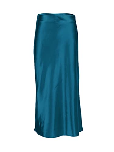 JACTZ Satinrock Solide Satin Seide Rock Frauen High Waisted Sommer Langer Rock Neue Elegante Damen Büro Röcke Midi-Dark Blue,L von JACTZ