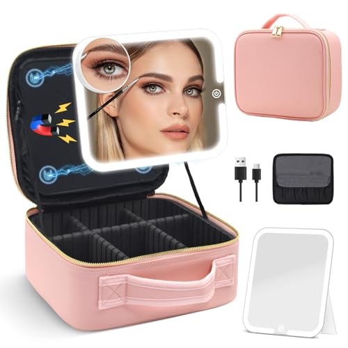 JADAZROR Make-up-Tasche mit magnetischem, abnehmbarem, beleuchtetem Spiegel, 360°-Winkel, Reise-Make-up-Tasche mit Lichtern, tragbare Kosmetiktasche, Organizer, Reise-Zug-Etui von JADAZROR