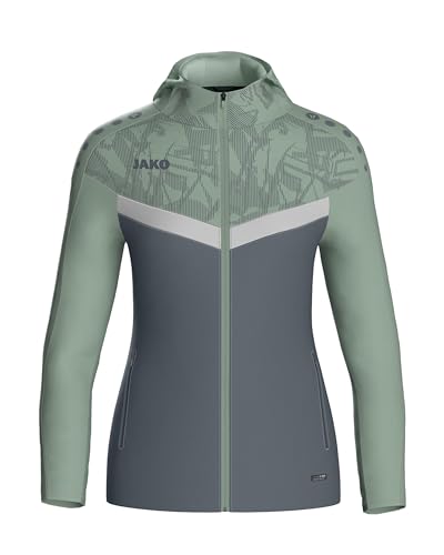 JAKO ICONIC Kapuzenjacke Gr. 44 Anthra Light/Mintgrün/Soft Grey - Zipper Hoodie Damen, Bequeme Sweatjacke mit Keep Dry Funktion aus 100% recyceltem Polyester von JAKO