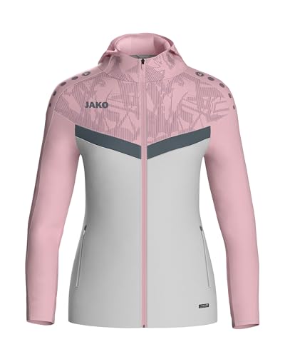 JAKO ICONIC Kapuzenjacke Gr. 44 Soft Grey/Dusky Pink/Anthra Light - Zipper Hoodie Damen, Bequeme Sweatjacke mit Keep Dry Funktion aus 100% recyceltem Polyester von JAKO