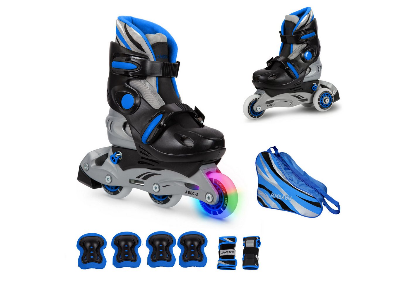 JAMBACH Inlineskates, (Set, Inliner, Protektoren, Umbau-Set, Tasche), verstellbare Größe blinkende Rolle Einsteiger Set von JAMBACH