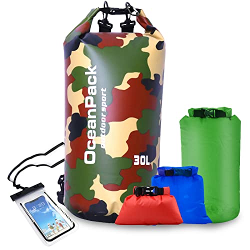 JAMUILS Dry Bag 30L Wasserdichter Rucksack mit 3 Stück Aufbewahrungsbeutel[1,5L + 3L + 8L] und IPX8 wasserfester Handyhülle, für Kayaking Boots-Ausflug Kanu/Rafting/Snowboarding(Armeegrün) von JAMUILS