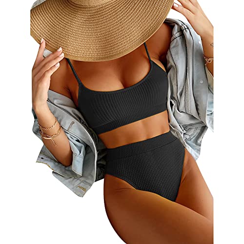 JAWSEU Damen Bikini Set, Sommer Bikini Set High Waist Wickel Bikinihose, Verstellbarer Gepolstert Bikinioberteil Zweiteiliger Badeanzug Triangel Bikinihose Sportlich Strandmode - Schwarz XL von JAWSEU