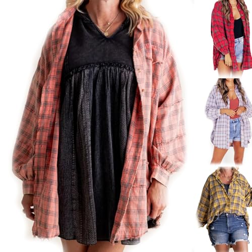 Alphabetw Flannel Shirts, Women's Seams Alphabetw-Flanellhemden, Damen-Hemdjacke mit rohen Kanten, gewaschen, übergroß, mit TaschenEdge Washed Oversized Shirt Jacket with Pockets (Pink,XL) von JAYASU