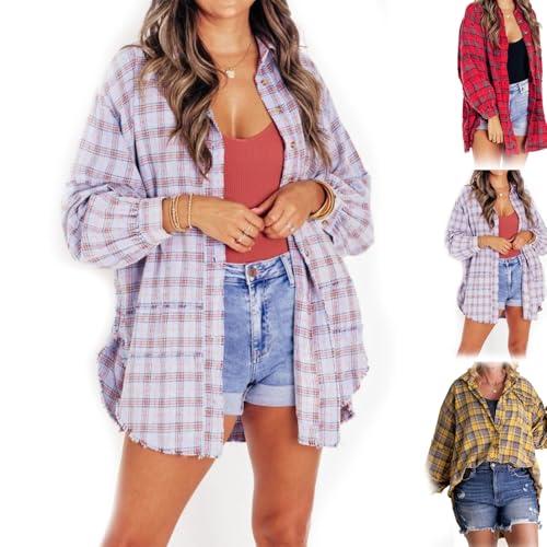 Alphabetw Flannel Shirts, Women's Seams Alphabetw-Flanellhemden, Damen-Hemdjacke mit rohen Kanten, gewaschen, übergroß, mit TaschenEdge Washed Oversized Shirt Jacket with Pockets (Purple,3XL) von JAYASU