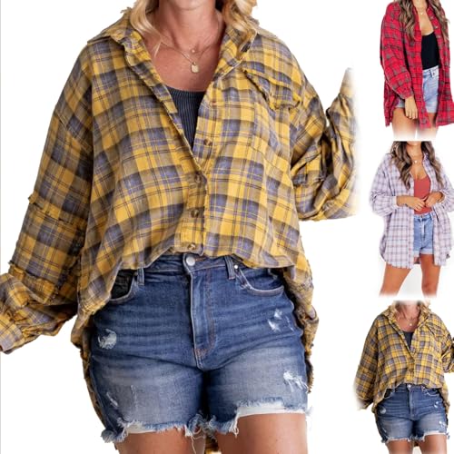 Alphabetw Flannel Shirts, Women's Seams Alphabetw-Flanellhemden, Damen-Hemdjacke mit rohen Kanten, gewaschen, übergroß, mit TaschenEdge Washed Oversized Shirt Jacket with Pockets (Yellow,2XL) von JAYASU