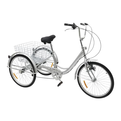 JAYEUW Dreirad 24 Zoll 6 Gänge Zahnräder Dreirad für Erwachsene 3 Räder Fahrrad mit Einkaufskorb und Lampe Silber Dreirad V-Typ-Vorderradbremse Belastbarkeit 110kg von JAYEUW