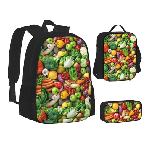JBYJBX Fresh Fruits And Vegetables Print Bookbag Lunch Bag Pencil Case 3 In 1 Backpacks Set Backpack, Black, One Size, Schwarz , Einheitsgröße von JBYJBX