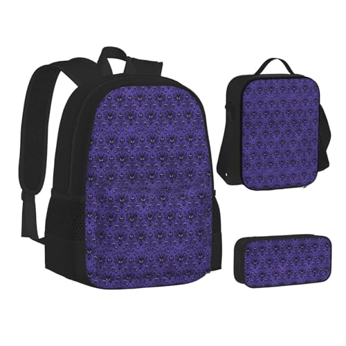 JBYJBX Haunted Mansions Print Bookbag Lunch Bag Pencil Case 3 in 1 Backpacks Set Backpack, Black, One Size, Schwarz , Einheitsgröße von JBYJBX