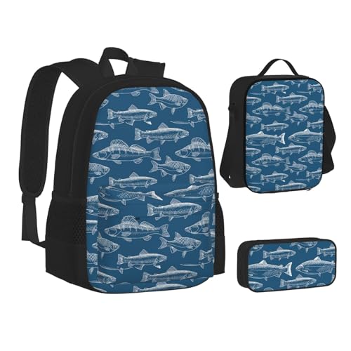 JBYJBX Ocean Fishes Print Bookbag Lunch Bag Pencil Case 3 in 1 Backpacks Set Backpack, Black, One Size, Black, One Size, Schwarz , Einheitsgröße von JBYJBX