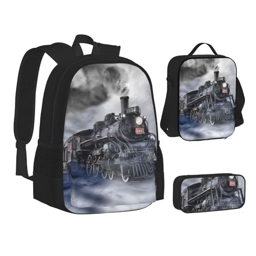 JBYJBX Steam Train Clouds Print Bookbag Lunch Bag Pencil Case 3 in 1 Rucksäcke Set Rucksack, Schwarz, Einheitsgröße, Schwarz, Einheitsgröße, Schwarz , Einheitsgröße von JBYJBX