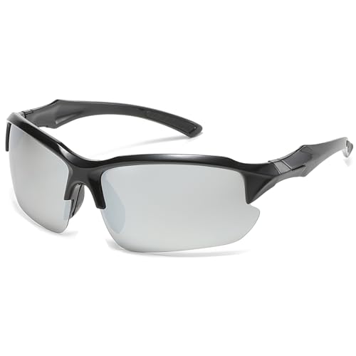 JCTAIFOO Polarisierte Sport Sonnenbrille Herren Damen, halb-randlose große Rahmen Radfahren Brillen Schwarz/Silber reflektierend von JCTAIFOO