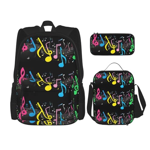 JCVYTSDLK Rucksack-Lunch-Taschen-Set – Laptoptasche & isolierte Lunchtasche & Zubehörtasche für Bürobedarf – bunte Musiknoten, Schwarz, Einheitsgröße, Schwarz , Einheitsgröße von JCVYTSDLK