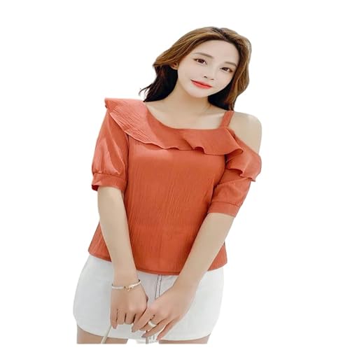 JEAMIS T Shirt Frauenhemdtops Mode One-Shoulder Rüschen Kurzärmelige Tops-Orange-L von JEAMIS