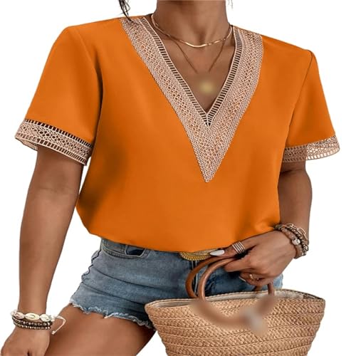 JEAMIS T Shirt Sommer V-Ausschnitt Kurzärmelig T-Shirt Frauen Lose Lässige Bluse Dünner Pullover-Orange-L von JEAMIS