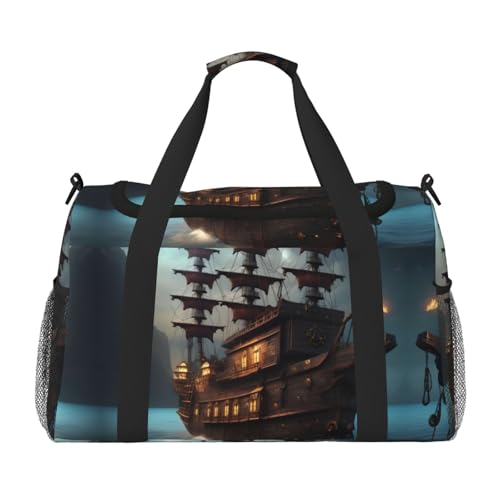 Fantasy Piratenschiff-Aufdruck, Übernachtungstasche, Wochenendtasche, Trainingshandtasche, Yogatasche, Seesack, persönliche Gegenstände, Tasche für Audlts, Schwarz , Einheitsgröße von JEJEA