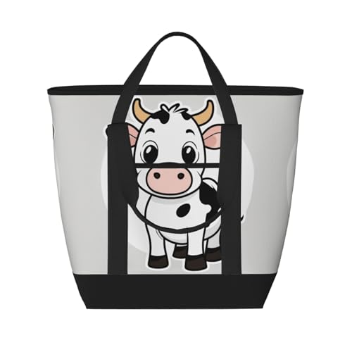 JEJEA Lunchtasche mit Cartoon-Milchkuh-Druck, große Kapazität, isolierte Tragetasche, wiederverwendbare Lunchtasche für Picknick von JEJEA