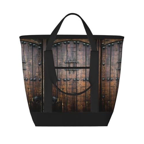 JEJEA Rustikale Lunchtasche mit Holztürdruck für Damen, große Kapazität, isolierte Tragetasche, wiederverwendbare Lunchtasche für Picknick von JEJEA