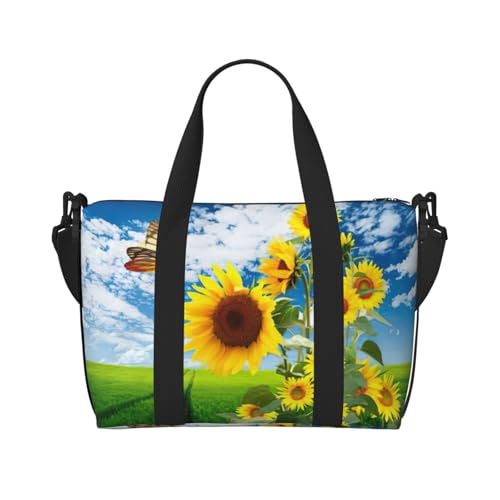 Reisetasche mit Sonnenblumen- und Schmetterlings-Aufdruck, Wochenendtasche für Damen, leichte Handgepäcktasche, persönliche Gegenstände, Schwarz , Einheitsgröße von JEJEA