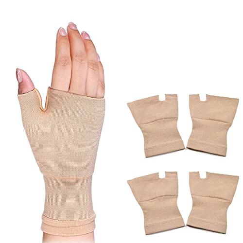 4 Stück Kompressions Handgelenkstütze Sport Daumen Handgelenkschiene Handschuhe Unisex Fingerlose Handschuhe Warm Halten Handschuhe Atmungsaktiv Kompressionshandschuhe für Schmerzlinderung (M, Beige) von JEKAVA