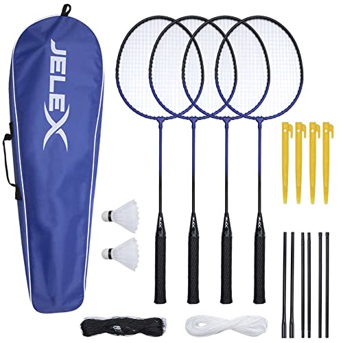 JELEX Big Utd. 4 Badminton Federball-Schläger mit 2 Bällen und Netzen, inklusive blauen hochwertig verarbeiteten Badmintontasche/Badmintonset für die Familie zum Spielen und Trainieren von JELEX