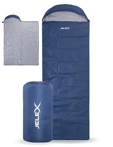 JELEX Outdoor Camping ultraleichter Schlafsack 220 x 75 cm, Komfortbereich 15 °C, mit Kapuzen-Kopfteil und Deckenfunktion, aus antistatisches Material (blau) von JELEX