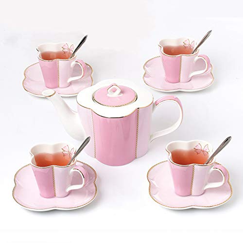 JEVHLYKW Porzellan-Keramik-Kaffee-Tee-Geschenk-Sets, Kaffeetasse für 4er-Serie, Bone China-Teekanne mit Teetassen und Teelöffeln, Geburtstags- und Hochzeitsgeschenke, Pink von JEVHLYKW