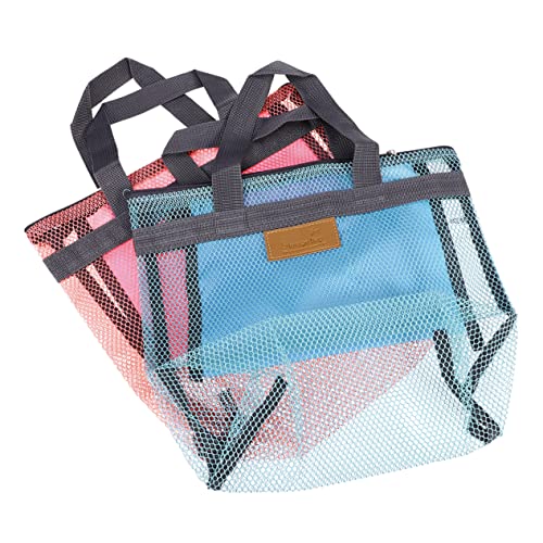 JEWEDECO 2 Stück Outdoor Mesh Einkaufstasche Strandtasche Badeanzug Aufbewahrungstasche Unisex Kosmetiktasche Rosa Und Himmelblau Für Strand Pool Und Familienaktivitäten von JEWEDECO