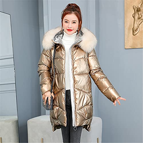 JFISQ Damen Glänzend Daunenmantel Mit Pelzkragen Kapuze Student Winter Licht Warm Parka Lose Langarm Steppjacke Winddicht Oversize Puffer Coat Für Outdoor Reise,Gold,M von JFISQ