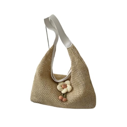 Tasche Geflochten Weben Modische Sanfte Blumendekoration Schultertasche Sommer Neue Stroh Einkaufstasche Strandstrohtasche(White) von JHMYOB